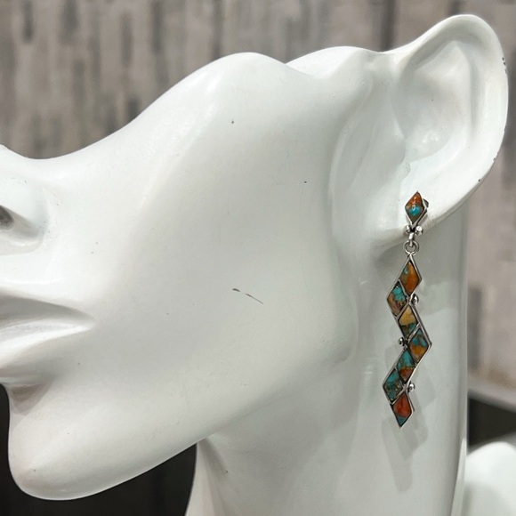 Santa Fe Style Spiny Turquoise Zigzag Sterling Silver BOHO Dangle Post Earrings - Picture 2 of 10